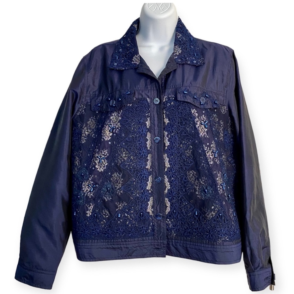Navy Blue Lace Silk Beaded Blazer Large Coat Top Embroidered Pockets Button Down